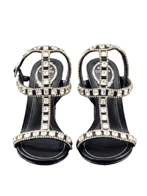 René Caovilla Crystal Embellished Black Satin T-Strap Sandals Heels|287219453199