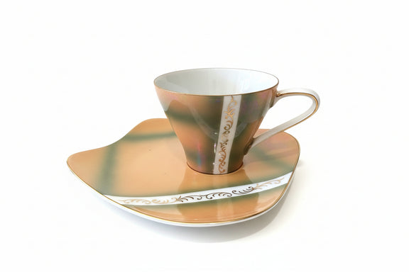 Mid-century Fine China Japan tennis set in orange with green stripes.|286882006043