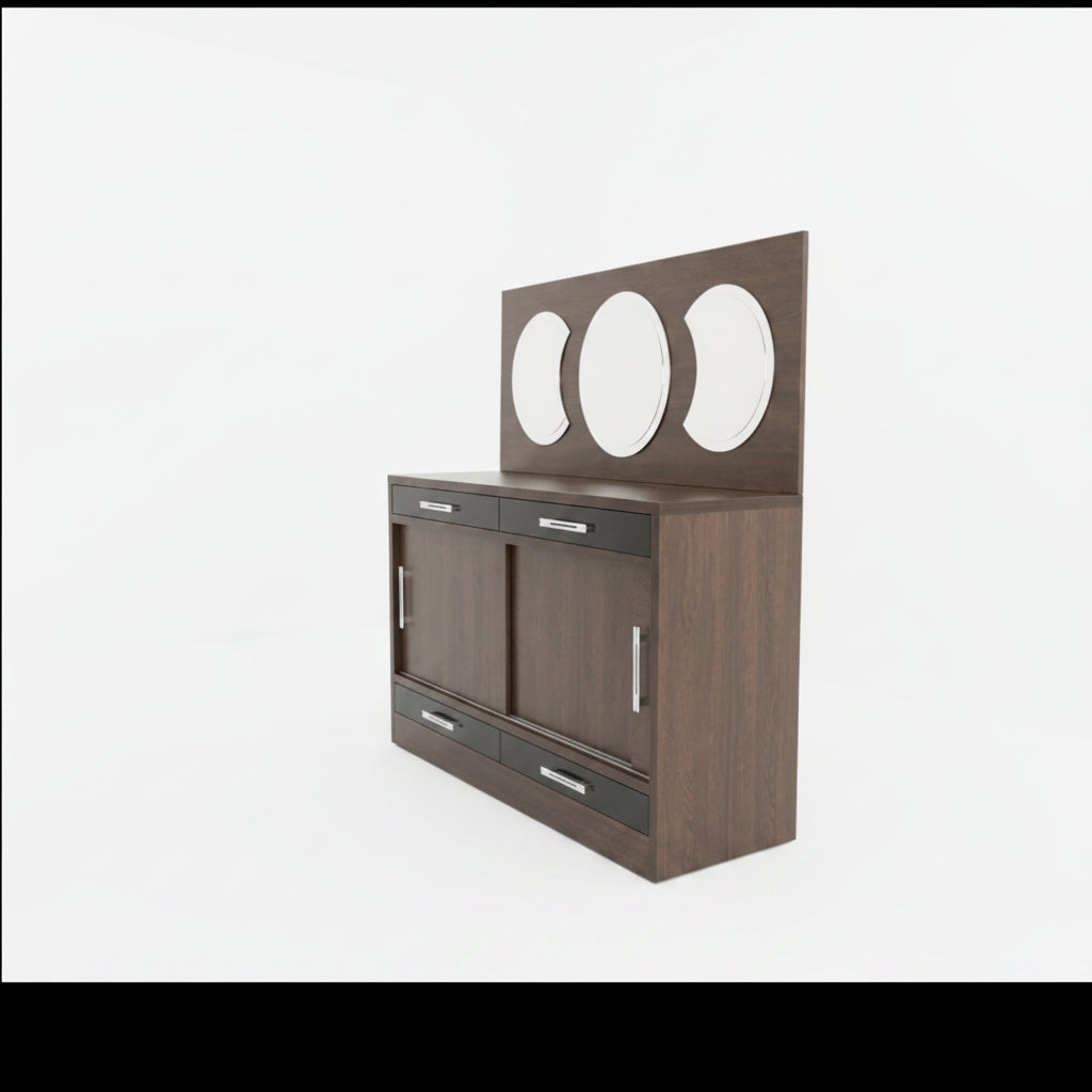 Dark Wood Sideboard with Triptych Mirror Drawers