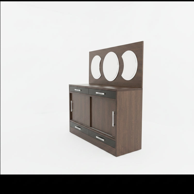 Dark Wood Sideboard with Triptych Mirror Drawers