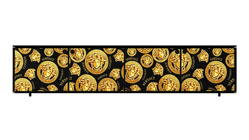 Designer Inspired TV Stand Black Wood Gold Medusa Head