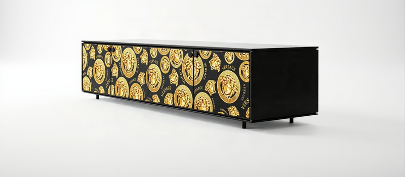 Designer Inspired TV Stand Black Wood Gold Medusa Head